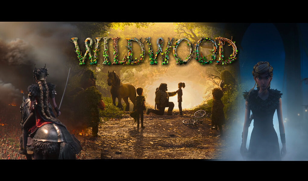 Wildwood (2026) movie title over three cinematic scenes featuring a fiery battlefield, a golden forest, and a blue-toned character portrait.