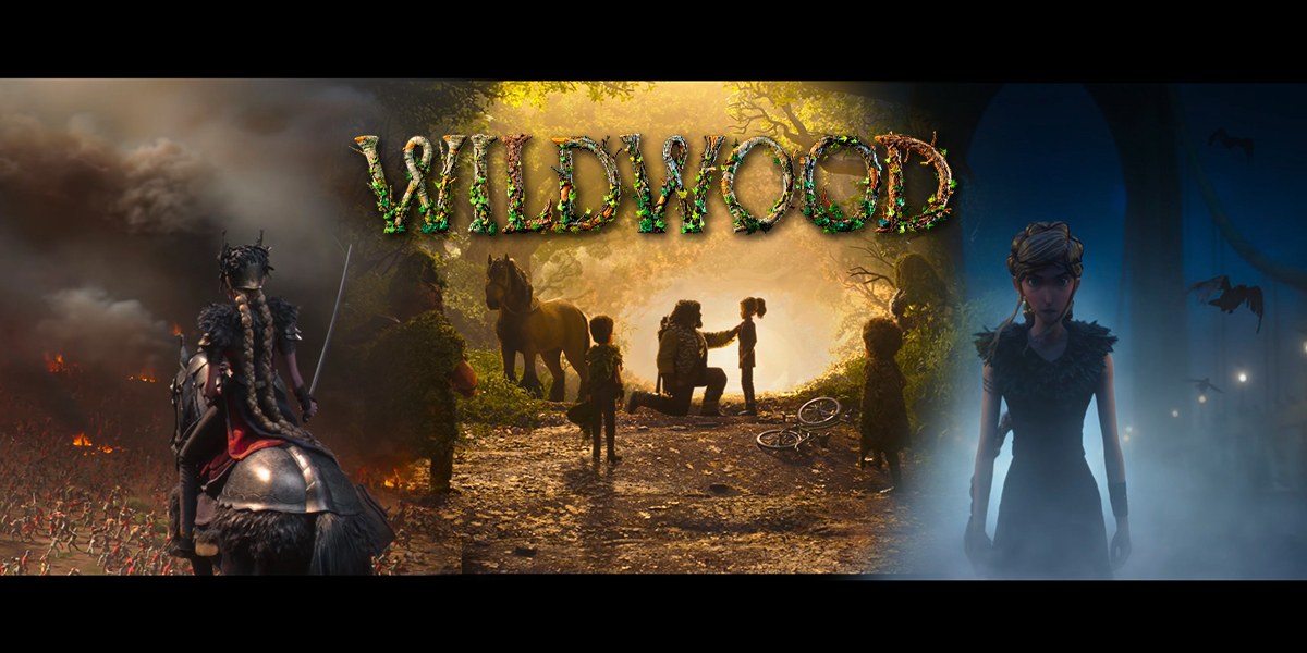 Wildwood (2026) movie title over three cinematic scenes featuring a fiery battlefield, a golden forest, and a blue-toned character portrait.