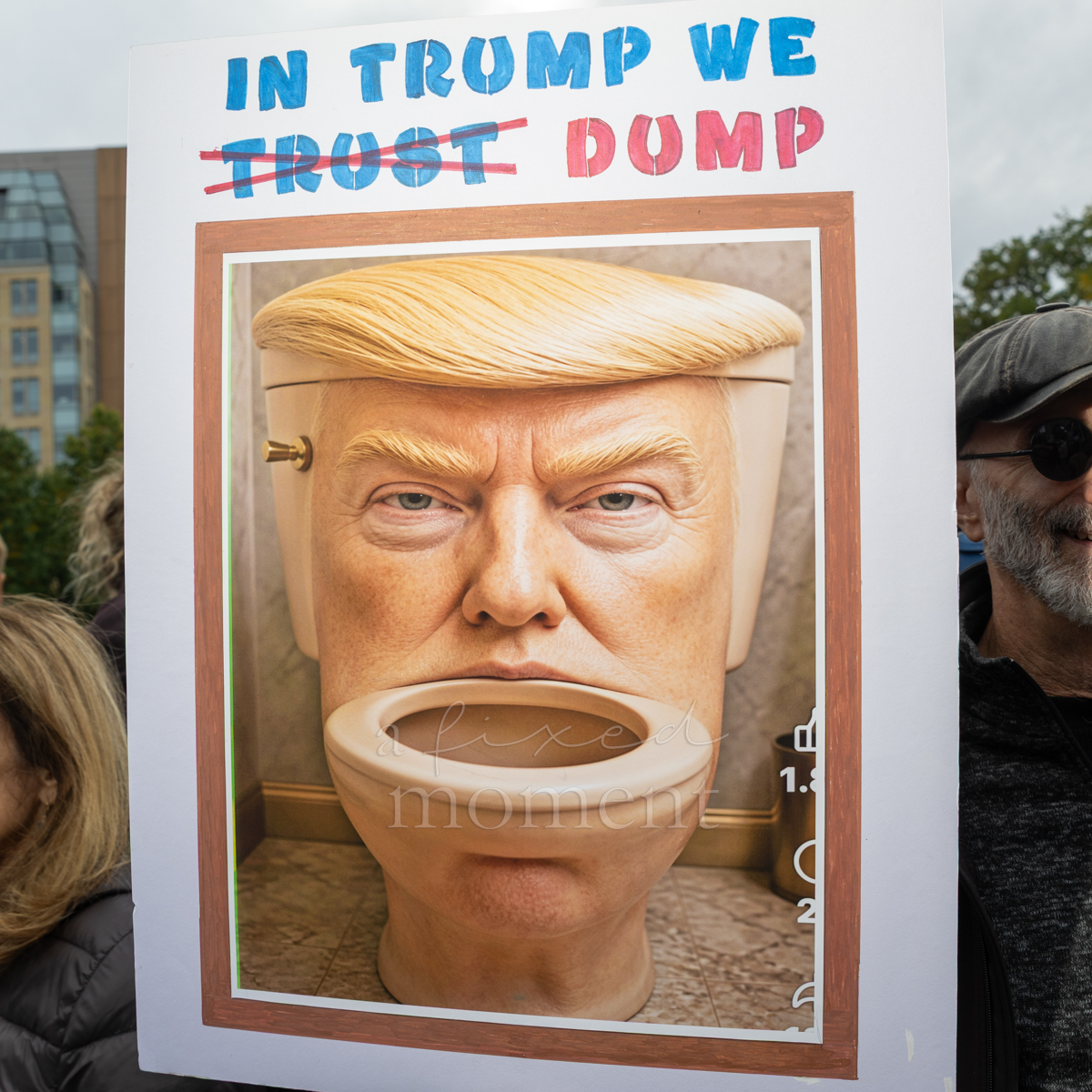 An In Trump We Dump sign uses a toilet-shaped caricature.