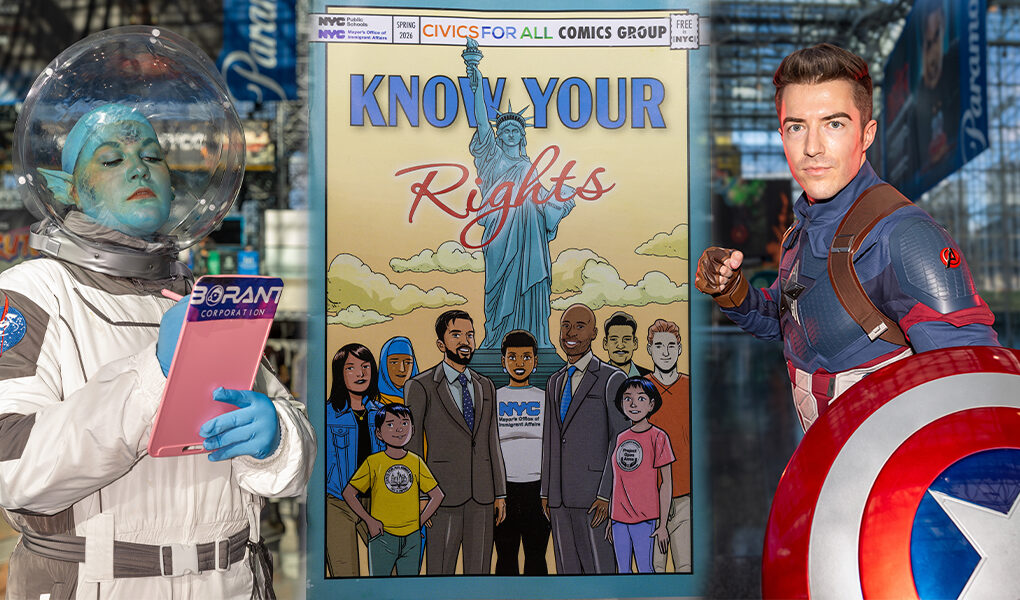 Know Your Rights at NYCC 2026 | A Fixed Moment Photo collage featuring an alien astronaut cosplayer, the Know Your Rights comic cover, and a Captain America cosplayer at NYCC 2026.