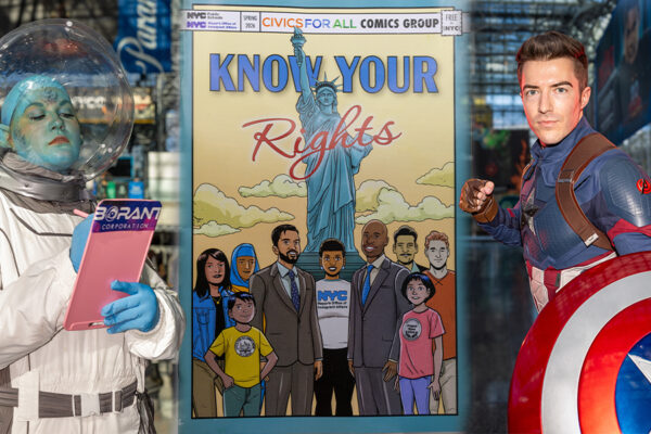 Know Your Rights at NYCC 2026 | A Fixed Moment Photo collage featuring an alien astronaut cosplayer, the Know Your Rights comic cover, and a Captain America cosplayer at NYCC 2026.