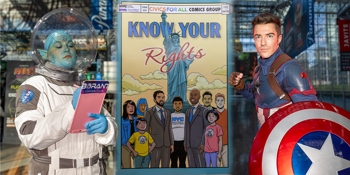 Photo collage featuring an alien astronaut cosplayer, the Know Your Rights comic cover, and a Captain America cosplayer at NYCC 2026.