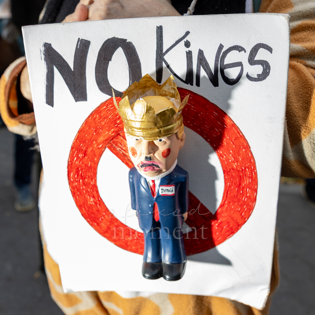A crowned Trump caricature appears on a No Kings sign.