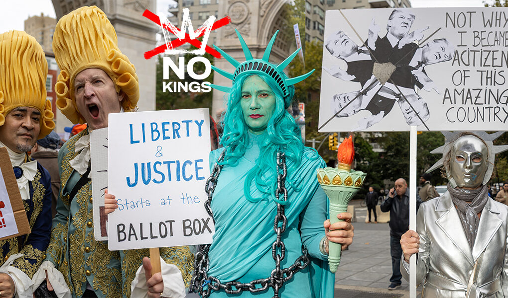 Photo montage of No Kings protesters in yellow wigs and Statue of Liberty costumes holding signs at Washington Square Park.
