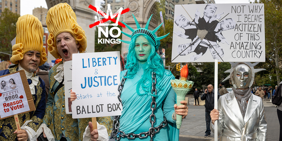 Photo montage of No Kings protesters in yellow wigs and Statue of Liberty costumes holding signs at Washington Square Park.
