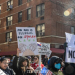 During the 50 50 1 march in New York City on February 17, 2025, protesters raise bold signs emphasizing themes of indigenous land rights and anti-monarchy sentiments. One sign reads "No one is illegal on stolen land," with "stolen" highlighted in red and "land" in green, alongside an illustration of large hands gripping the earth. Another sign prominently displayed reads "No Kings" with a crossed-out crown symbol, reinforcing anti-authoritarian and democratic ideals. In the background, additional signs reference historical battles and resistance movements. The crowd, diverse and passionate, is clad in winter clothing, face masks, and sunglasses, holding American flags and various protest materials. The demonstration takes place against a backdrop of red-brick apartment buildings, awnings, and city streets, with sunlight filtering through bare tree branches.