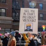 A protester marches passionately through the streets during the Women's March on March 8th, 2025, in New York City, displaying a satirical and politically charged sign. The sign humorously compares former President Donald Trump to the fictional villain Lord Voldemort from the "Harry Potter" series. The text of the sign clearly states:
"SEE YOU IN COURT, PRESIDENT VOLDEMORT"
Below this bold message is a creative illustration of Voldemort with Donald Trump's distinctive hairstyle, highlighting the participant's criticism of Trump’s political actions and decisions.
The activist, wearing sunglasses and warmly dressed in winter attire with gloves and a coat, confidently raises the sign amidst a diverse crowd carrying rainbow flags and American flags, emphasizing solidarity and inclusivity in advocating for democratic principles, LGBTQ+ rights, justice, and equality.